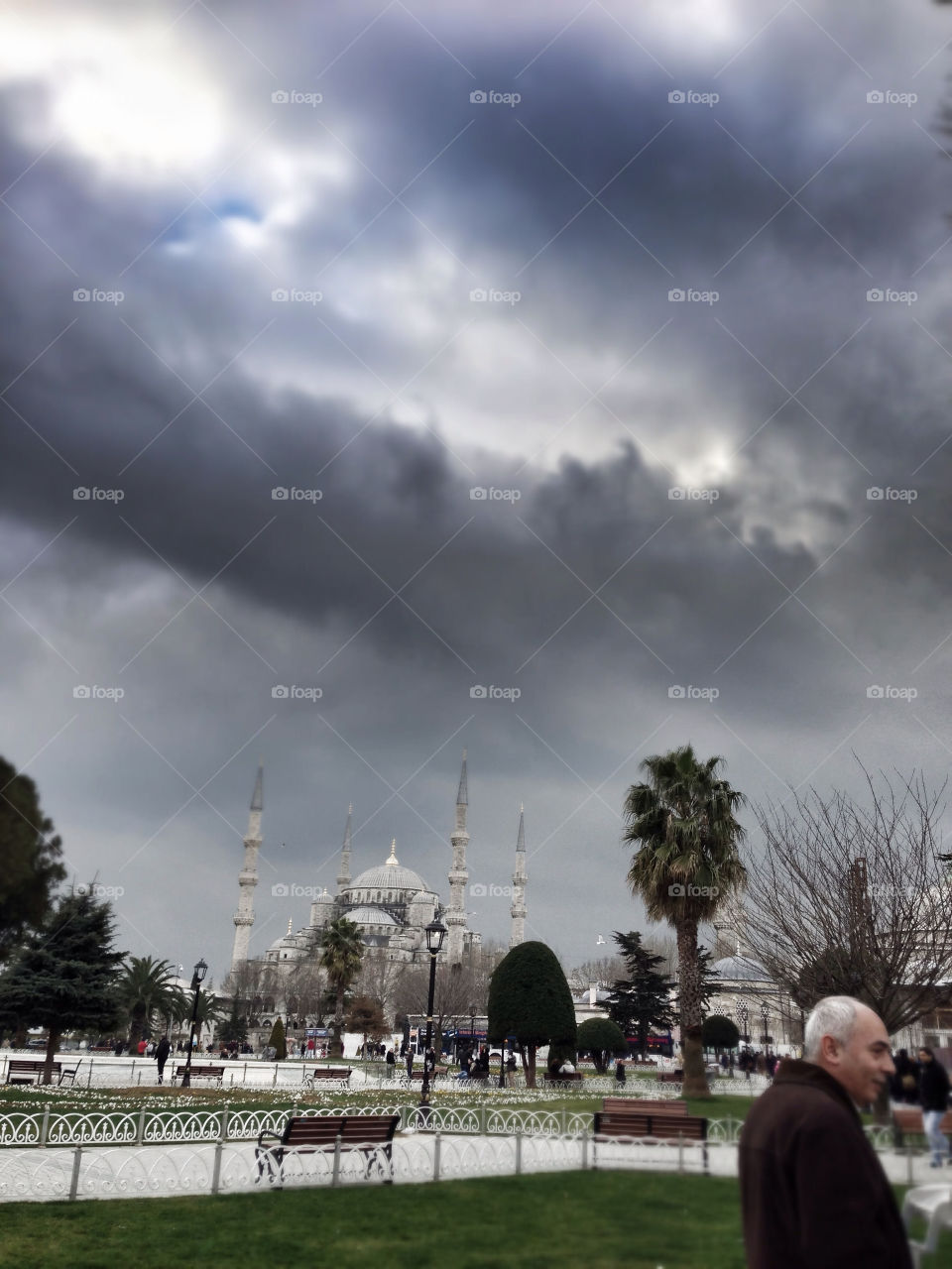 The angry skies over the beautiful blue mosque, Istanbul, Turkey.