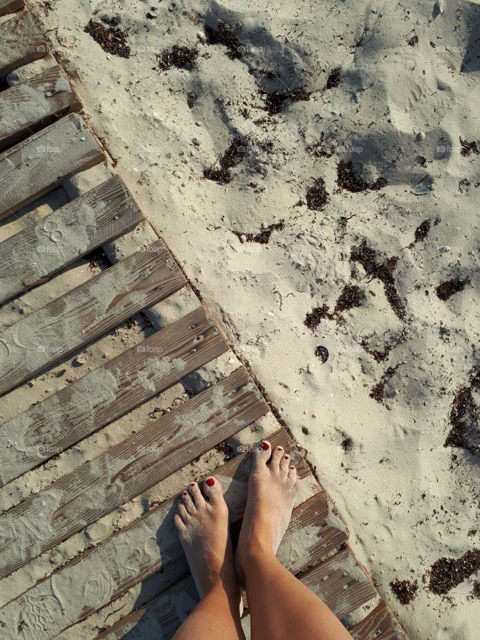 Barefeet at wood beach road and sand