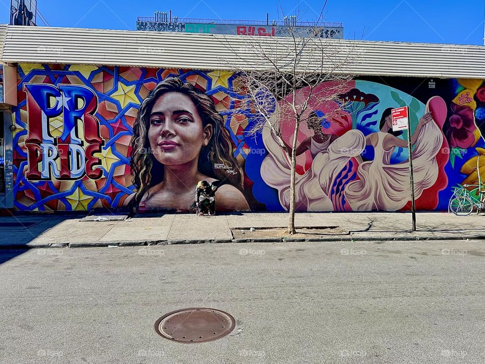 This beautiful art mural on „Jefferson Street“ off „Broadway“ in „Bushwick“, Brooklyn shows a young Latin lady next to the word „PRIDE“ and a star pattern as well as two dancers in flowing white dresses. 2024. Hypnotic Productions