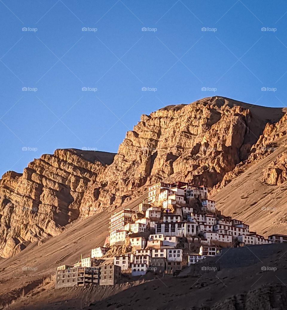 Key Monastery, Spiti Valley, Himachal Pradesh. It is built like a small fort with a monastery at the top.
