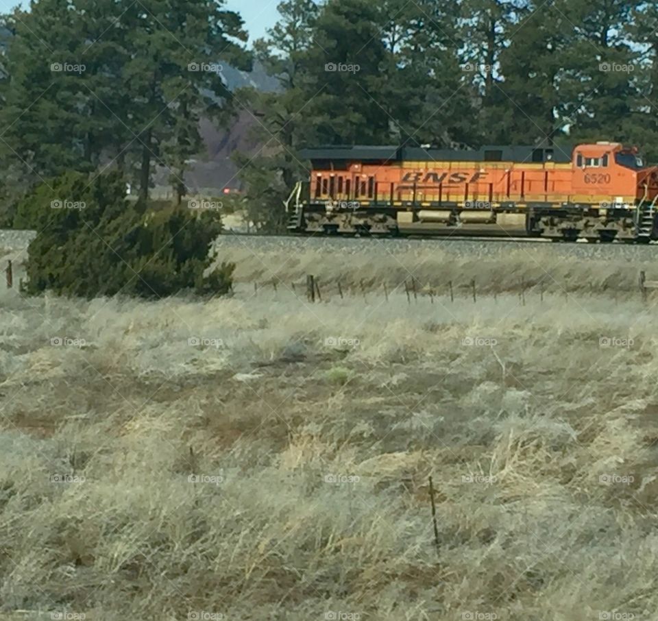 Railroad engine traveling through scenic area of Arizona