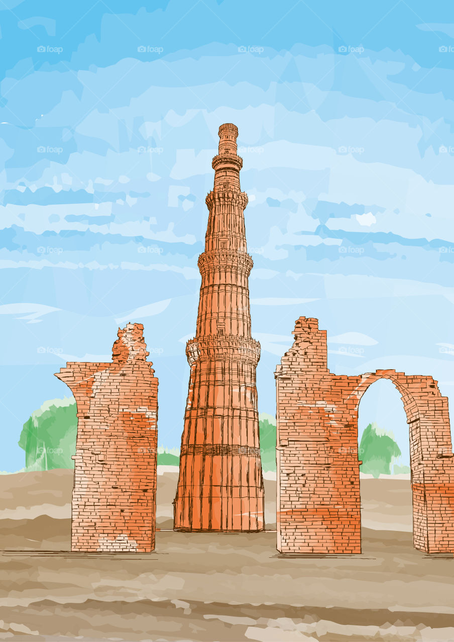 Qutub Minar detailed artistic illustration new Delhi India