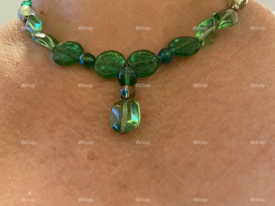 Green and blue homemade beaded necklace. Some of the beads are green on one side and more blue on the other if I flip them over. I always gravitate to greens and blues in my jewelry. Brings on the peace and calm. 