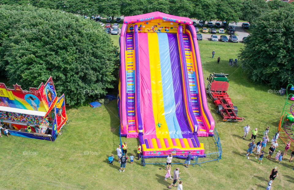 Slide and bouncy castle at a funfair in Malmö Sweden.