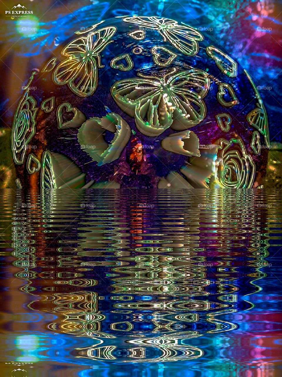 foap mission I love these colors water light globe of butterflies and hearts with bright color of red blue yellow green fuchsia reflecting in pool