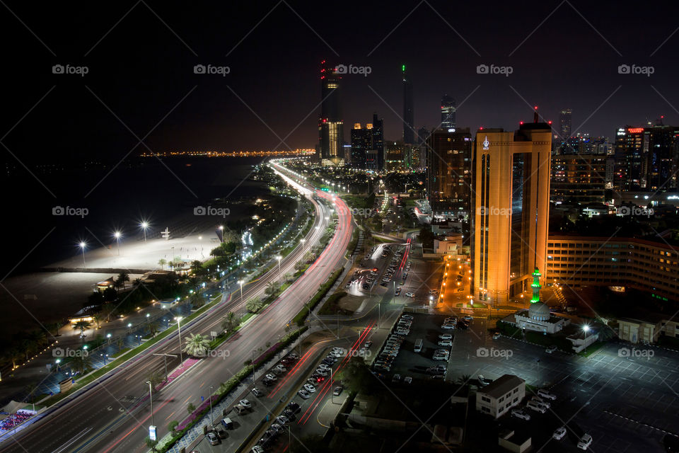 View from above on Corniche in Abu Dhabi. From the top of the National Bank building.