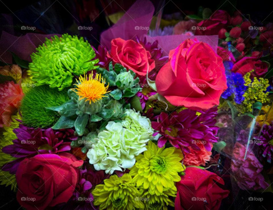 Bright neon colored floral bouquet.