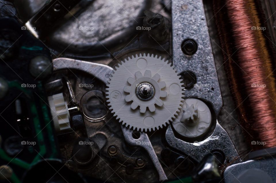 Inner metallic parts of a wrist watch.