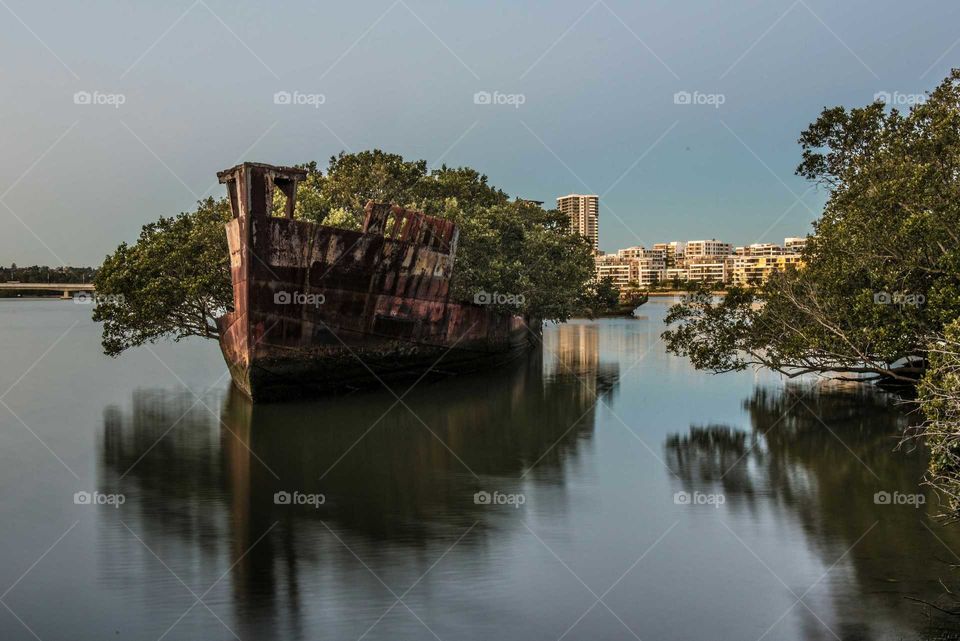 Scenic view of shipwreck on river