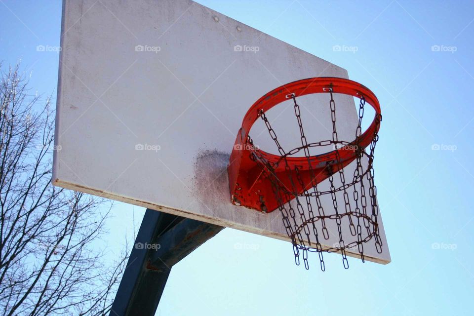 Outdoor basketball hoop.
