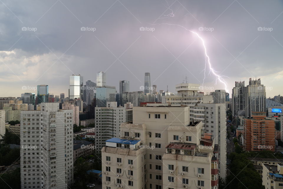Asia China Beijing lightning over Beijing impact skyline over Guomao district