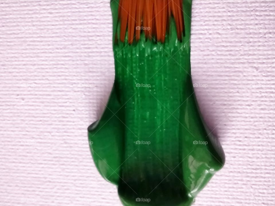 Unfiltered, beautiful, lovely close-up of a green paint stroke and a paint brush on a canvas