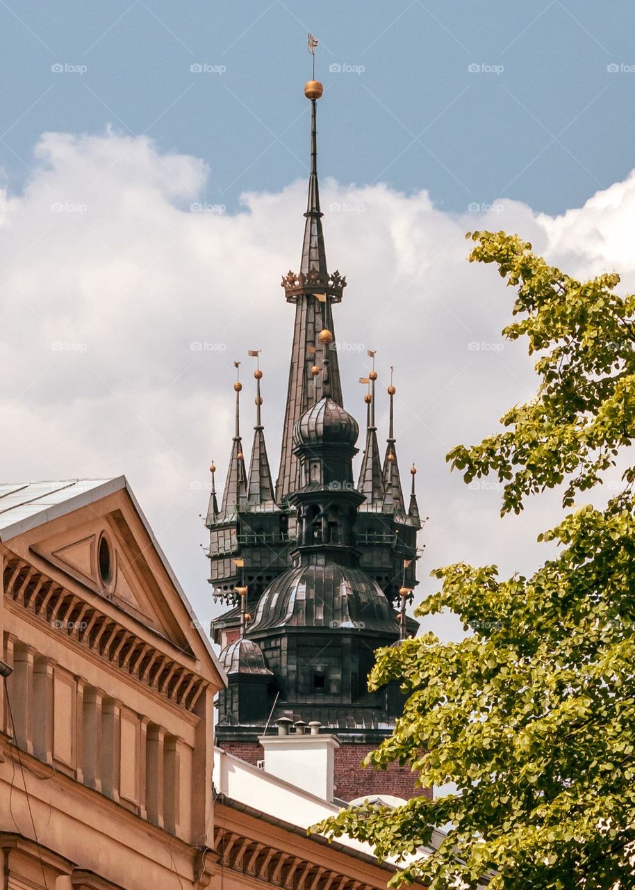 fragment of the beautiful tower of St. Mary's Church in Krakow