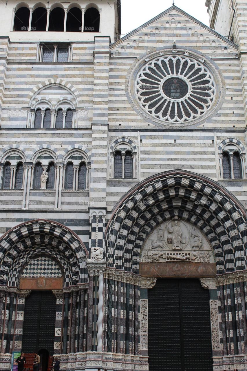 Genoa Cathedral or Metropolitan Cathedral of Saint Lawrence. Romanesque style and the main fasade us Gothic