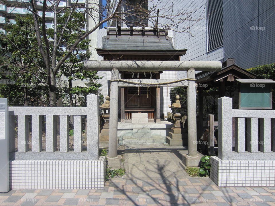 Tori Gate and Stone Lanterns.  Traditional Buddhist Shrine Entrance, Tokyo, Japan.