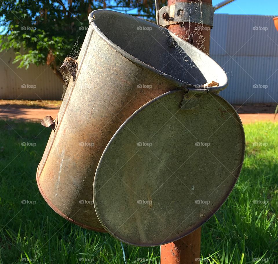 Old tin clothespin clothes peg bucket hanging