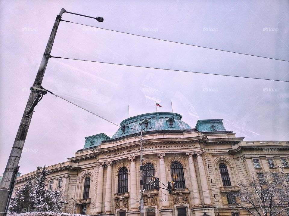 A beautiful scenery in the centre of the capital city of Bulgaria, with its most famous university in the winter