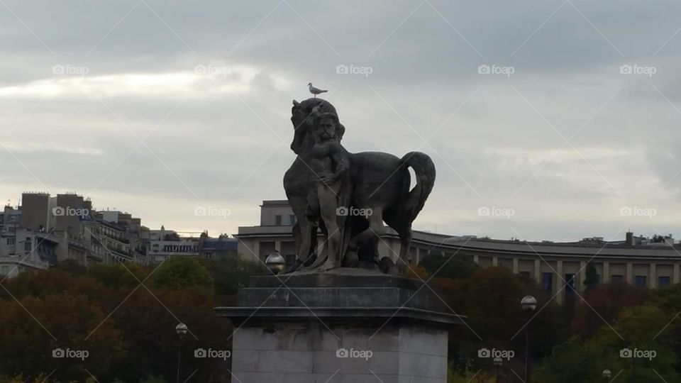 statues near Eiffle tower, at dusk,   Paris,  France, eu, Europe