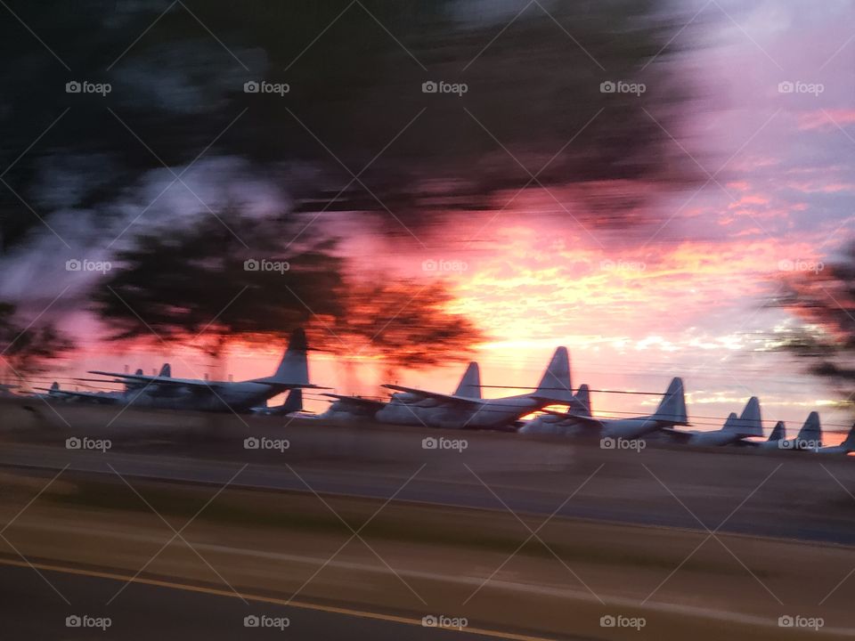 Davis Monthan airforce base, plane graveyard at sunset