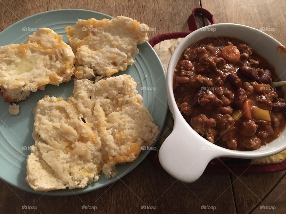 Delicious homemade chilli and cheese biscuits, plated, cut and ready to eat