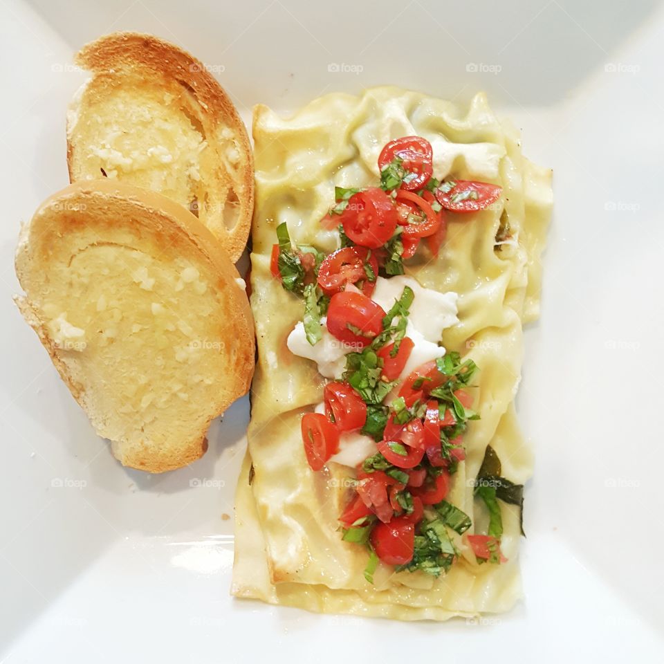 grilled lasagna and garlic bread