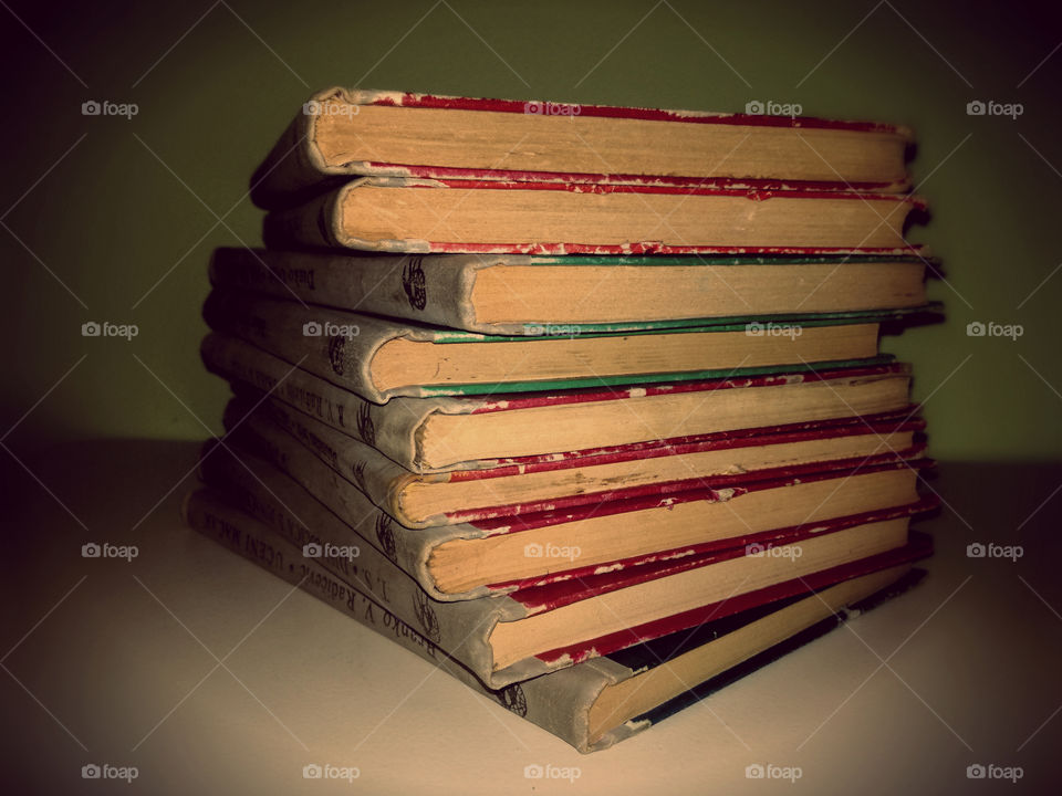 green and pink old books