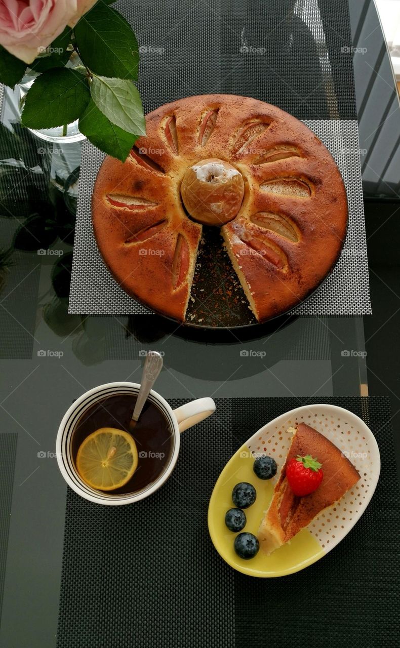 Teatime. Yummy cake. Apple cake and tea.