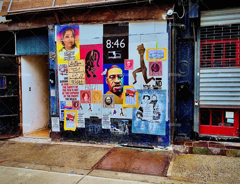 An outside wall on Fulton St in Fort Greene, Bklyn has become a place for people to advertise events for free by posting invites and flyers as well as artful professional prints. Altogether they make a beautiful collage. 2020. Hypnotic Productions
