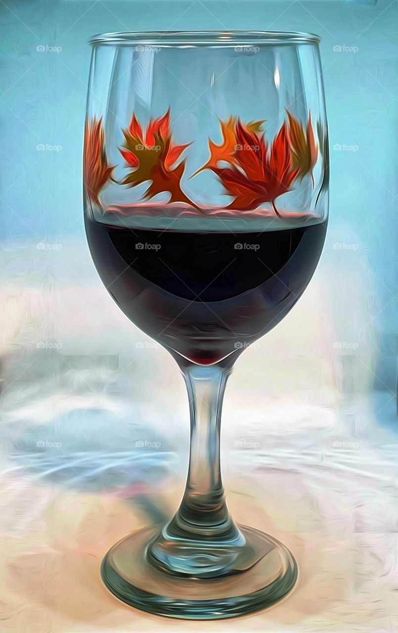 Red Wine in glass painted with Fall leaves!