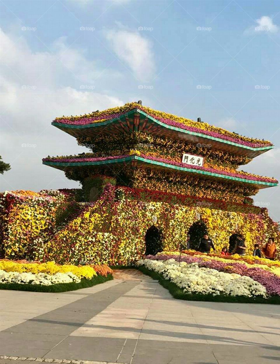 Old style Korean house made from flowers.