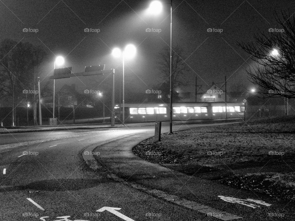 Early morning - tram, lights, road, fog