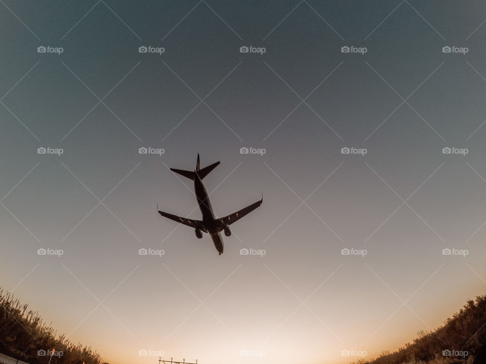 Airplane flying during sunset 