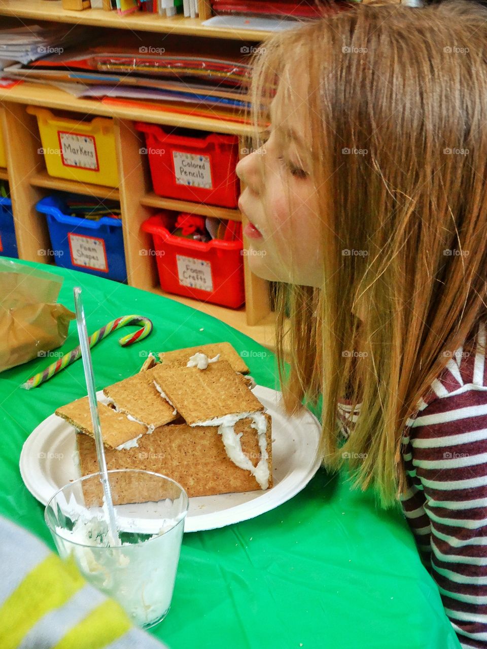 Young Girl Making A Christmas Gingerbread House