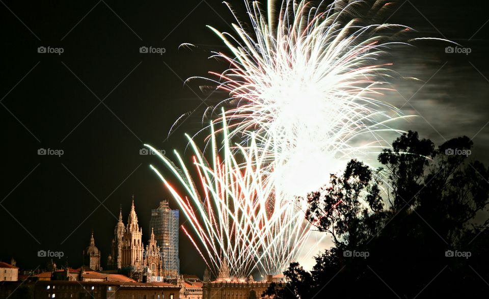 Fireworks. Fireworks display at Praza do Obradoiro, Santiago de Compostela, Spain