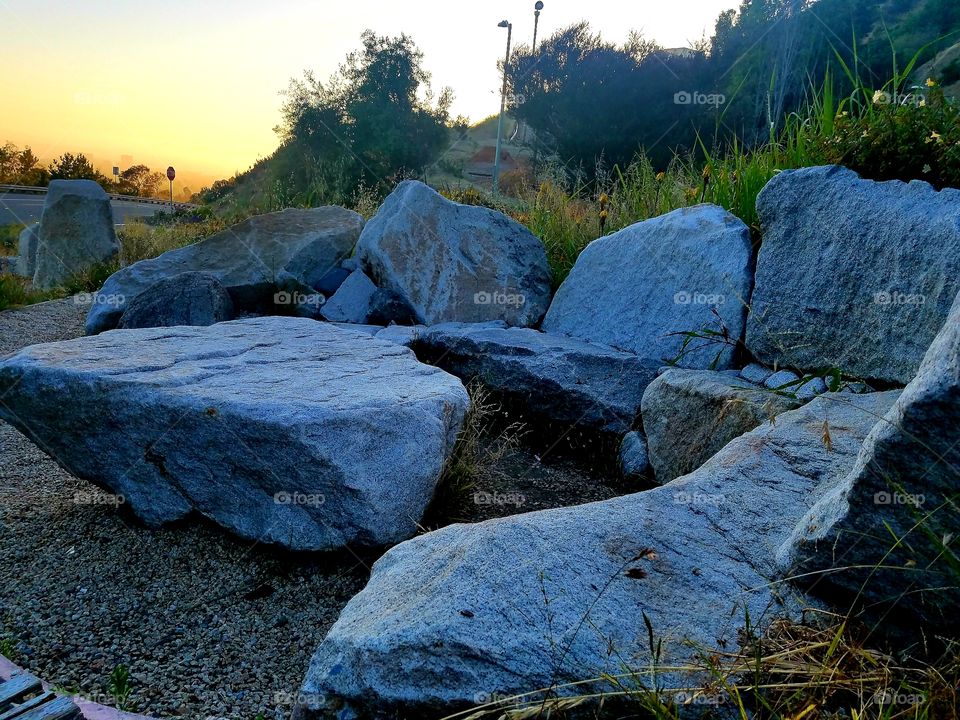 Stone bench & table at dusk