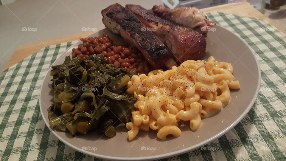 Barbecue Ribs, Baked Beans, Collard Greens, and Macaroni and Cheese