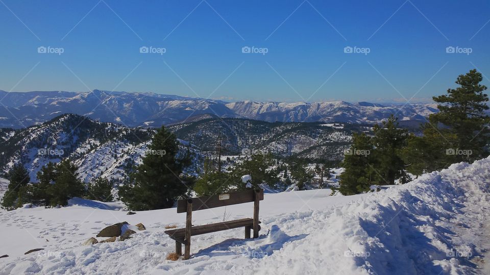 Empty bench on snowy mountain