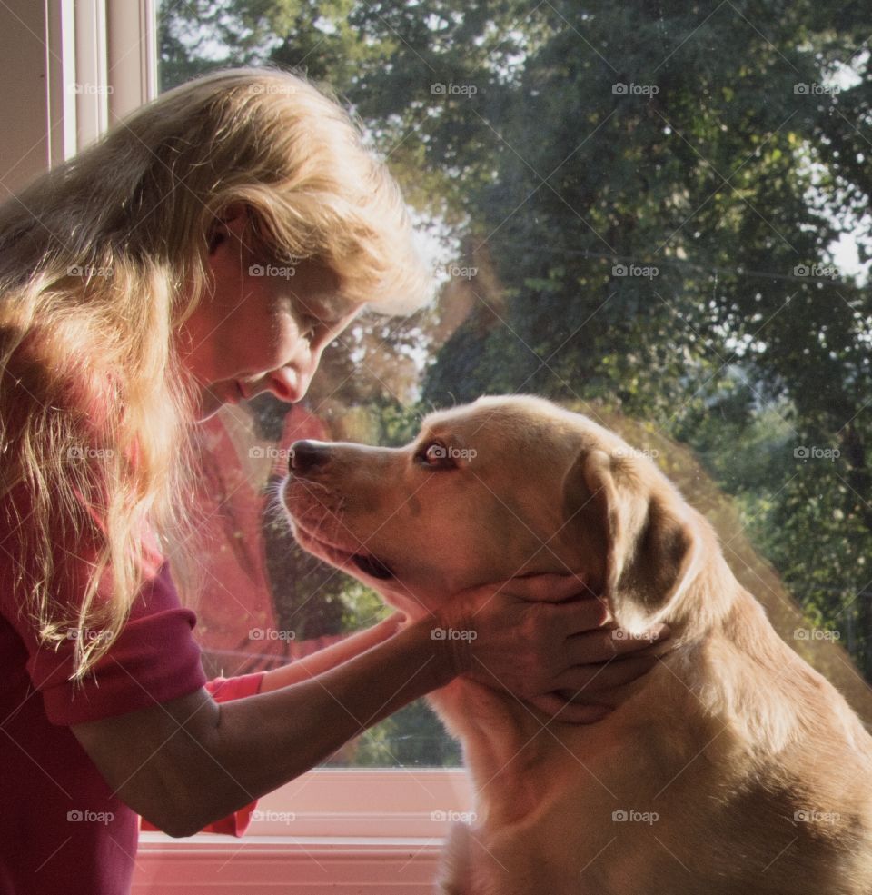 Looking eye to eye, Woman and yellow lab