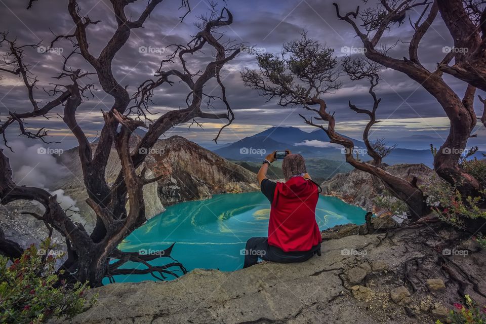 capture the beautiful panorama of ijen blue crater.