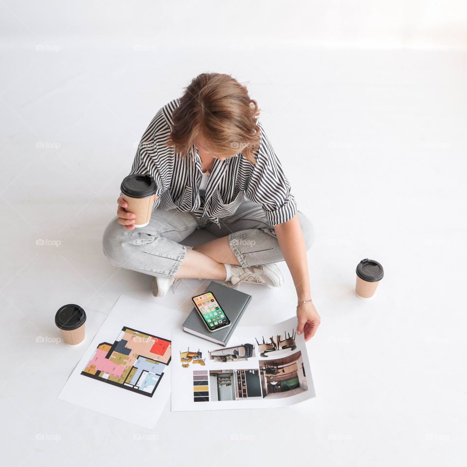 Coffee, sketches, phone, copybook, work