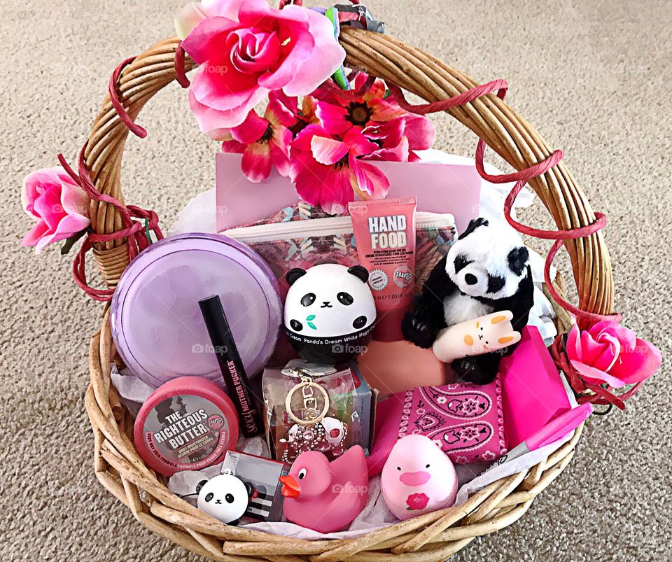 Basket of beauty products.
