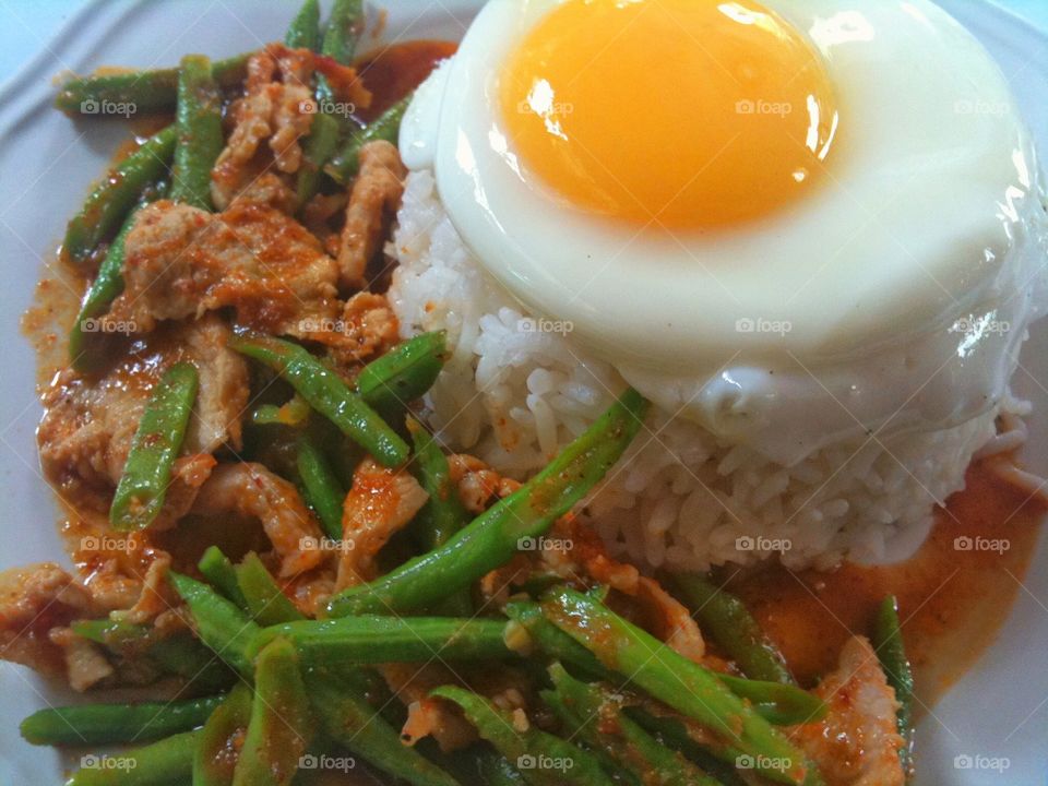 Fried chilly paste with pork and fried egg. Fried chilly paste with pork and fried egg