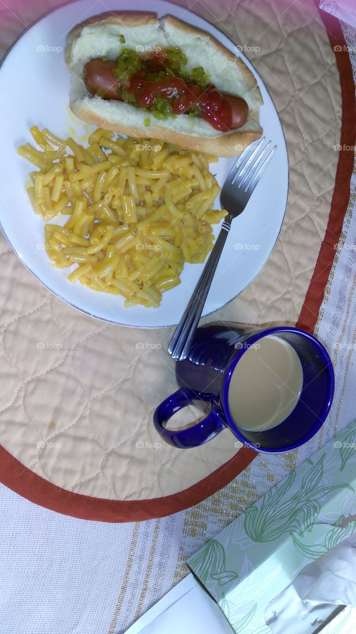 Mac and cheese breakfast coffee