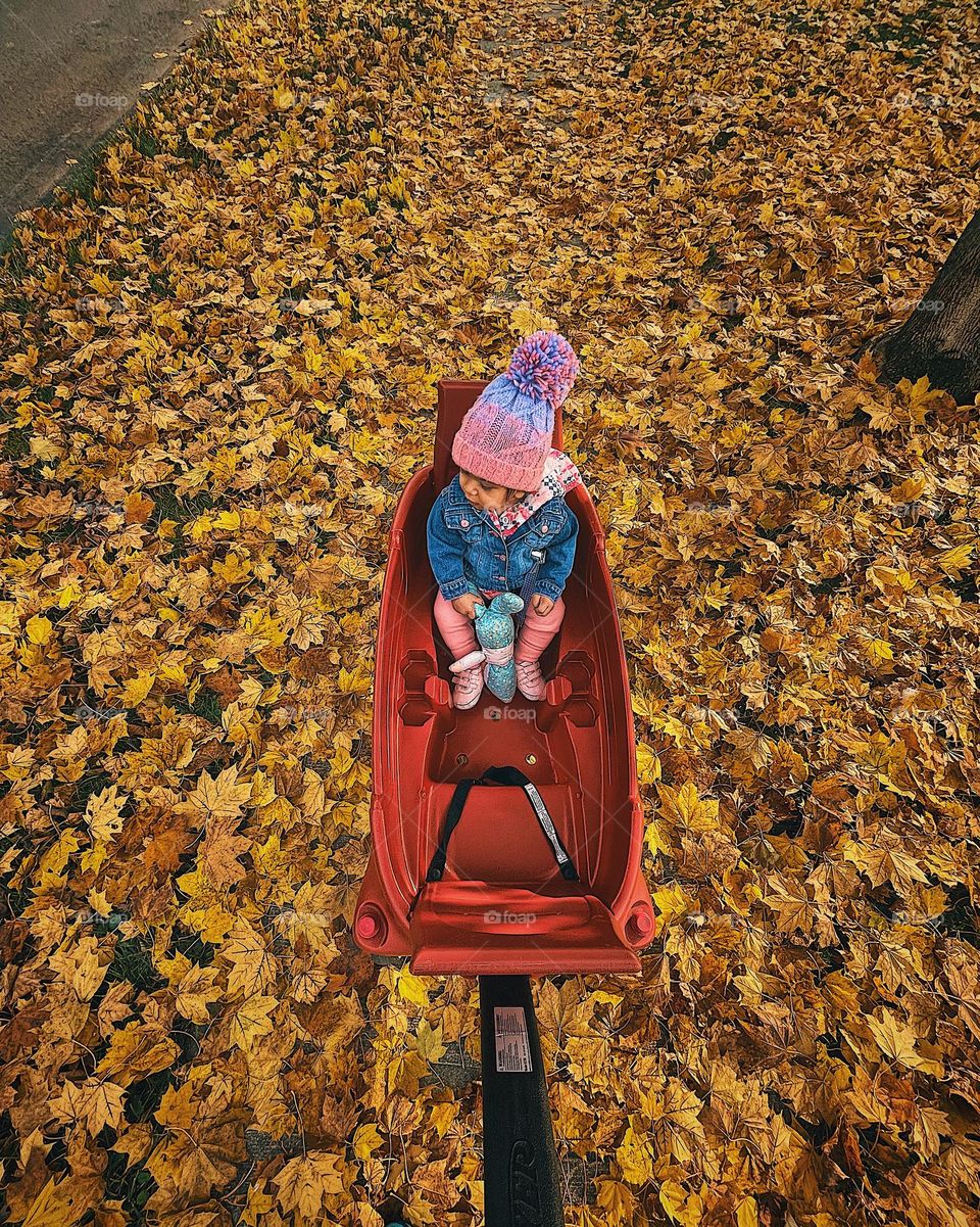 Baby girl in a wagon surrounded by leaves in the fall, going for walks in the fall time, surrounded by yellow leaves, autumn is upon us, leaves surround little girl in wagon, radio Flyer wagon rides with children 