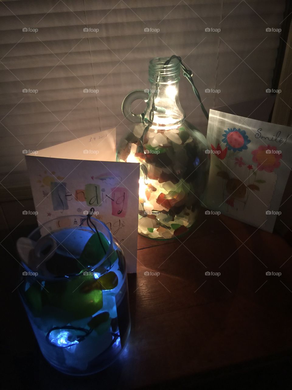 Pretty Seaglass in lighted jars and greeting cards from a special person