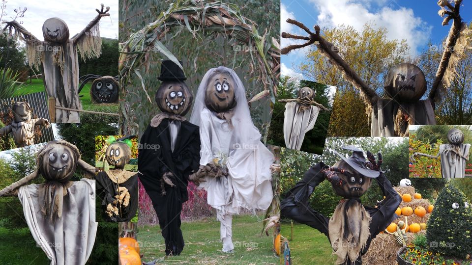 collage image of scarecrows.