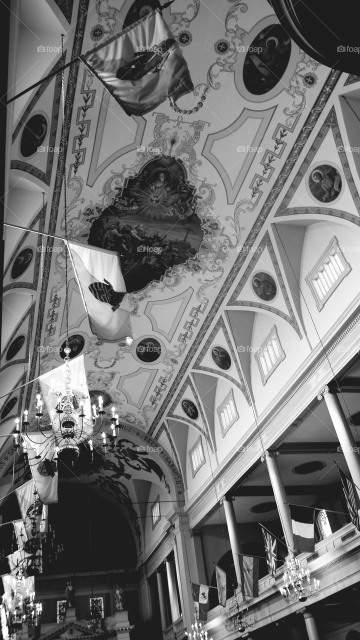 inside of St. Louie Cathedral at New Orleans, LA in black and white