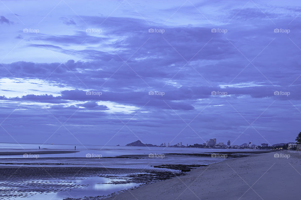 The morning sun light in the sea and cityscape of Hua Hin beaches , Thailand.