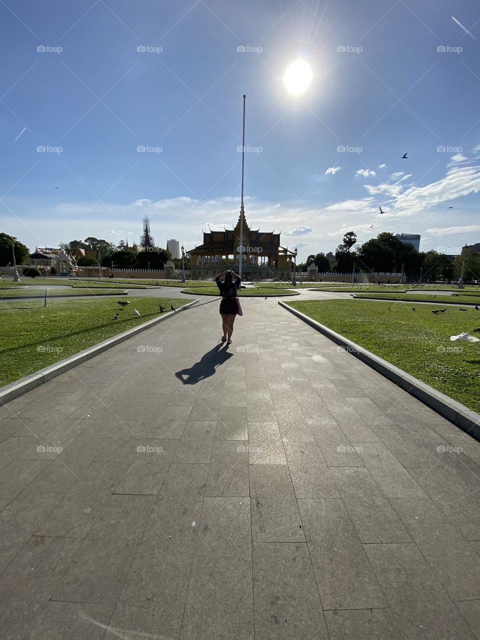 Beautiful Buddhist garden with temple in background 