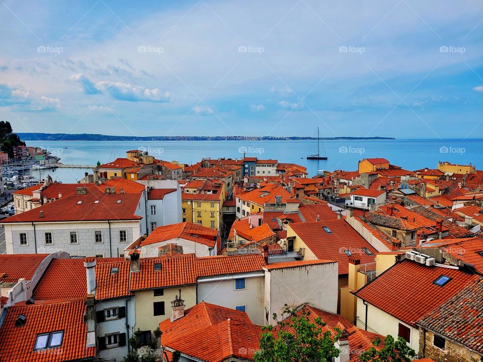 Piran, Slovenia. Urban city view with modern,  old European architecture,  landmark. Geometric shapes